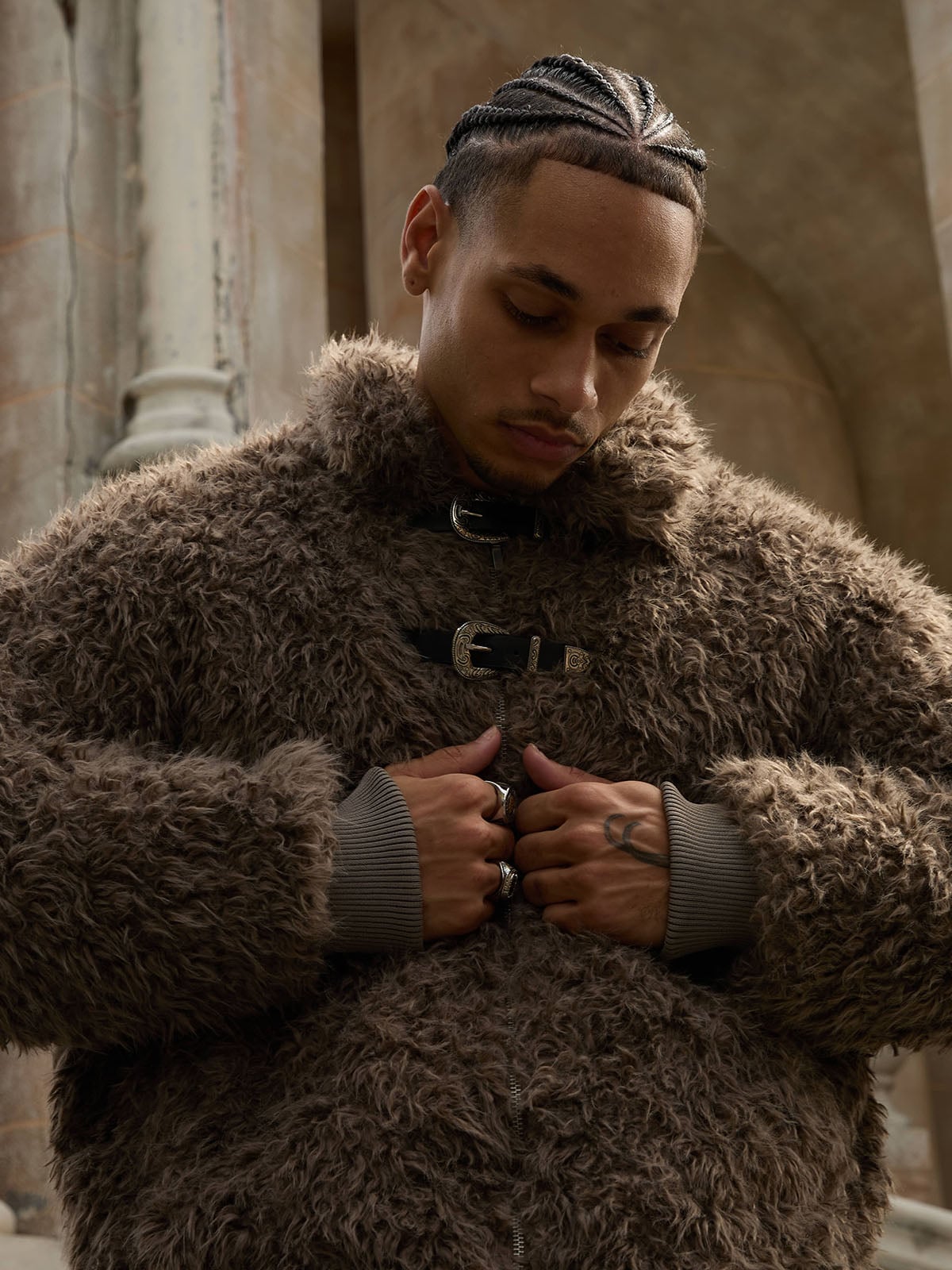 C&C METAL DÜĞMELİ KÜRK, DERİ TABANLI CEKET