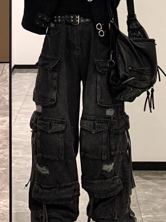 C&C BLACK DENIM  LOOSE WIDE-LEG JEANS