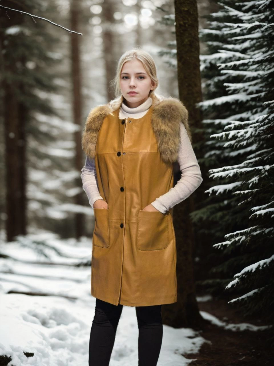 C&C Kadın Kolsuz Hakiki Deri Kürk - Hardal