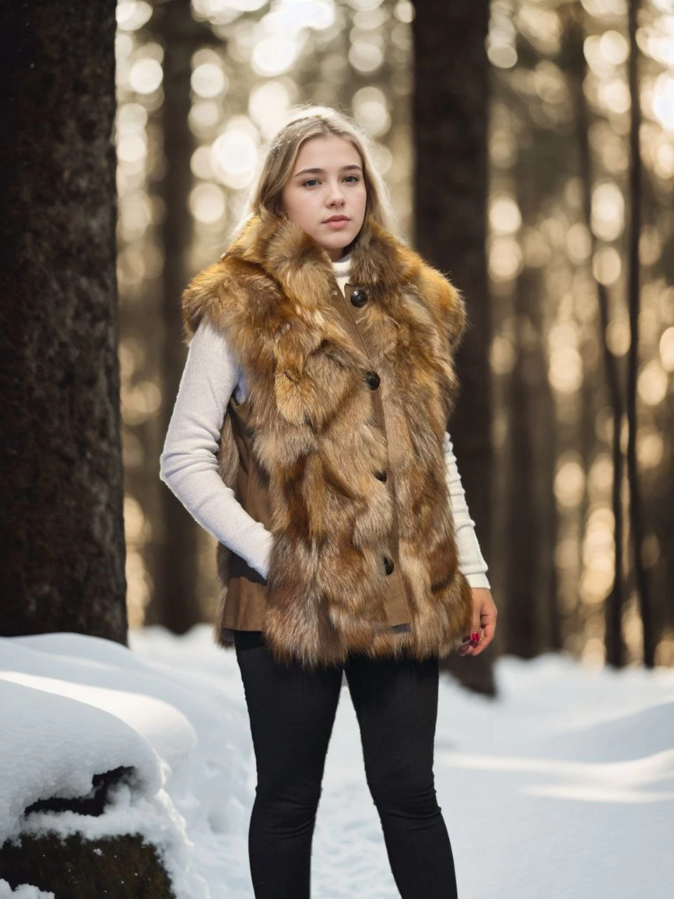 C&C Kadın Kolsuz Hakiki Deri Kürk - Kahve