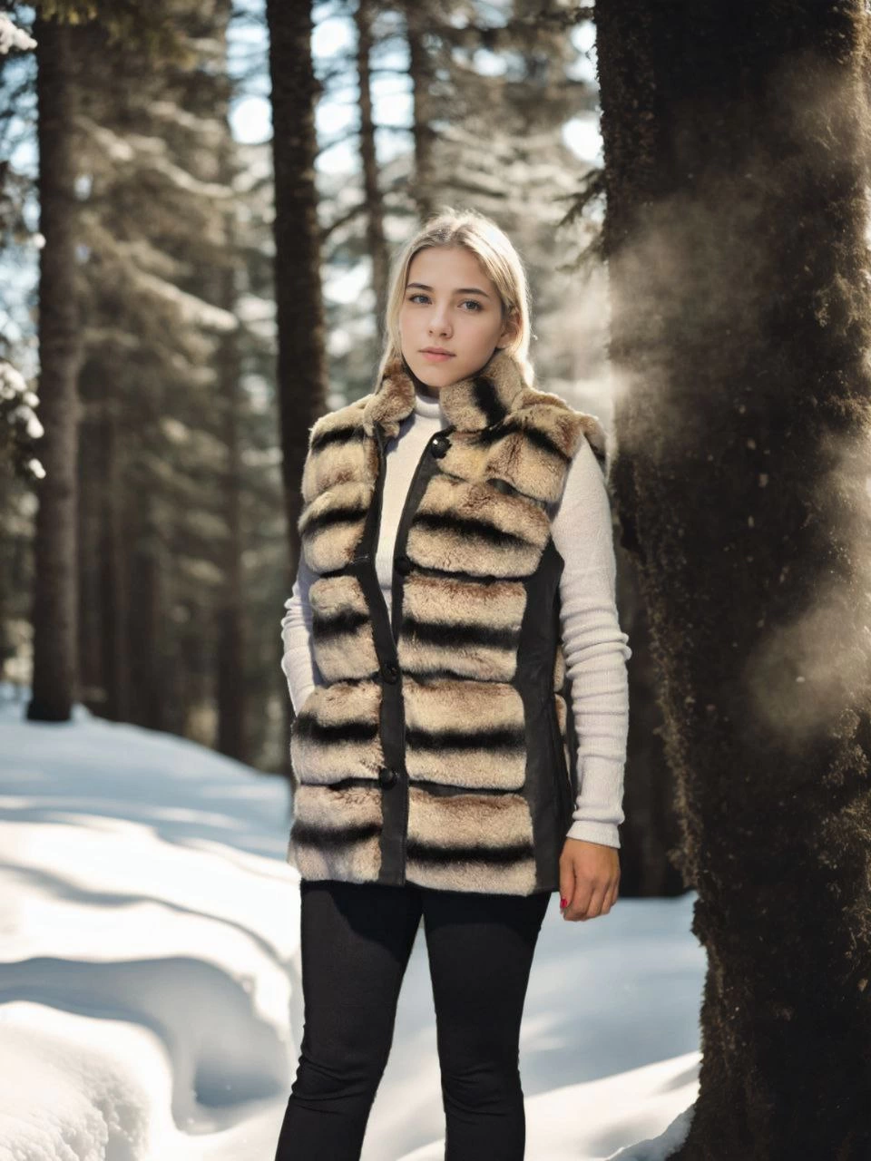 C&C Kadın Kolsuz Hakiki Deri Kürk - Siyah