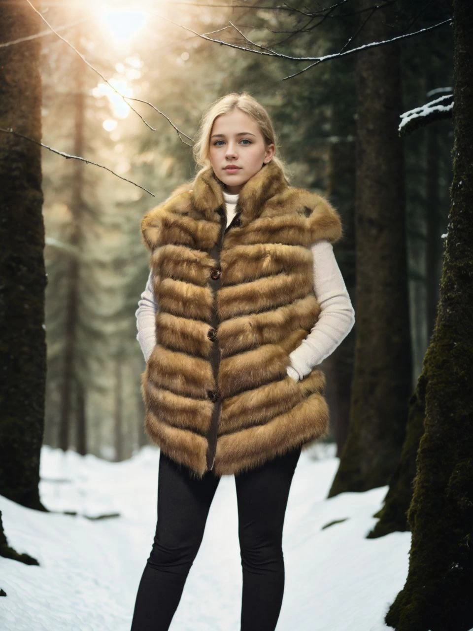 C&C Women's Sleeveless Genuine Fur Coat - Brown