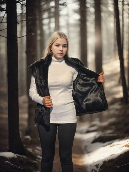 C&C Women's Sleeveless Genuine Fur Coat - Black