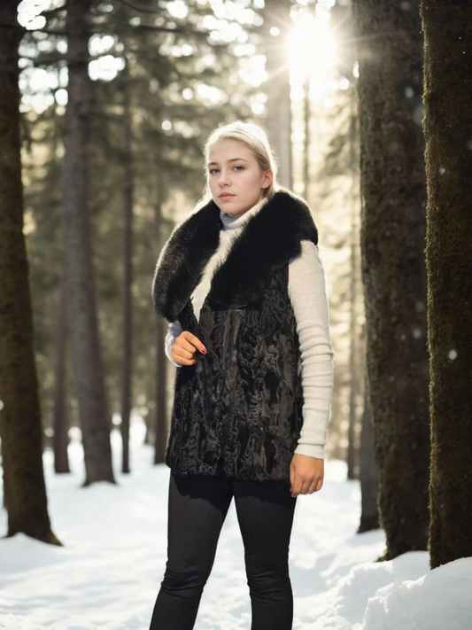 C&C Women's Sleeveless Genuine Fur Coat - Black