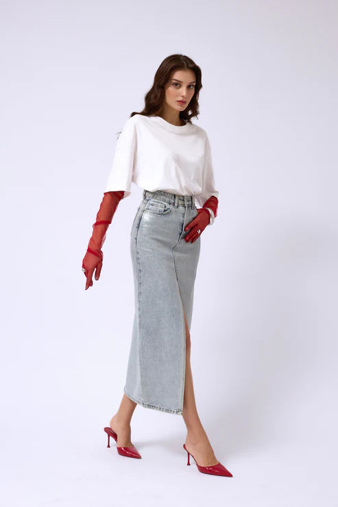 C&C Varak Baskılı Yırtmaçlı Maxi Kot Etek