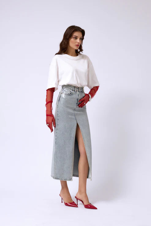 C&C Varak Baskılı Yırtmaçlı Maxi Kot Etek