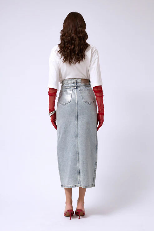 C&C Varak Baskılı Yırtmaçlı Maxi Kot Etek