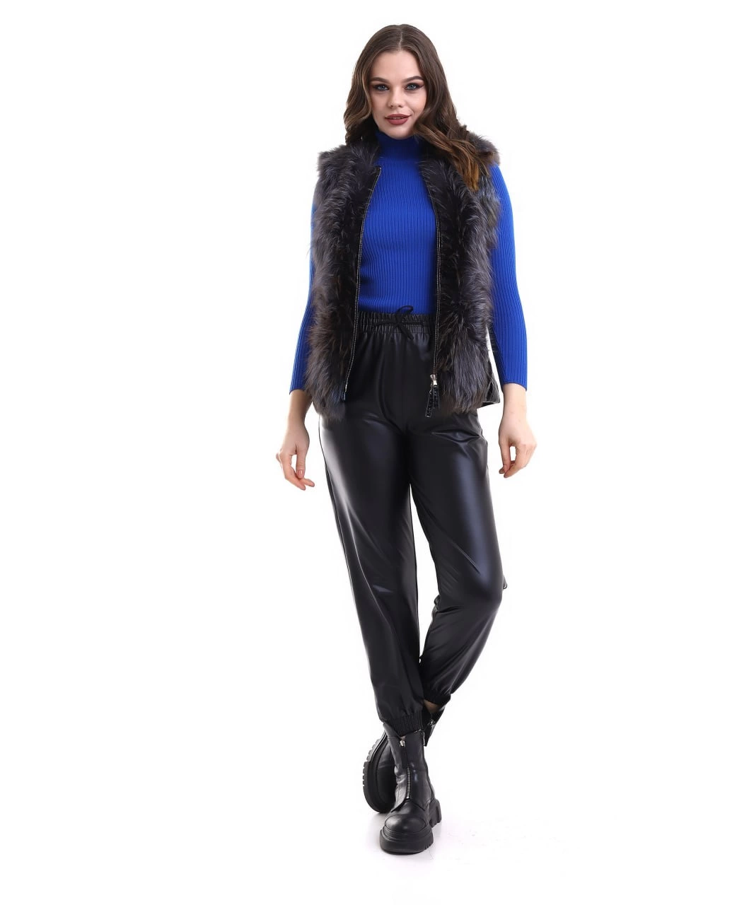 C&C Kadın Fermuarlı Koyun Derisi Tilki Kürkü - Siyah