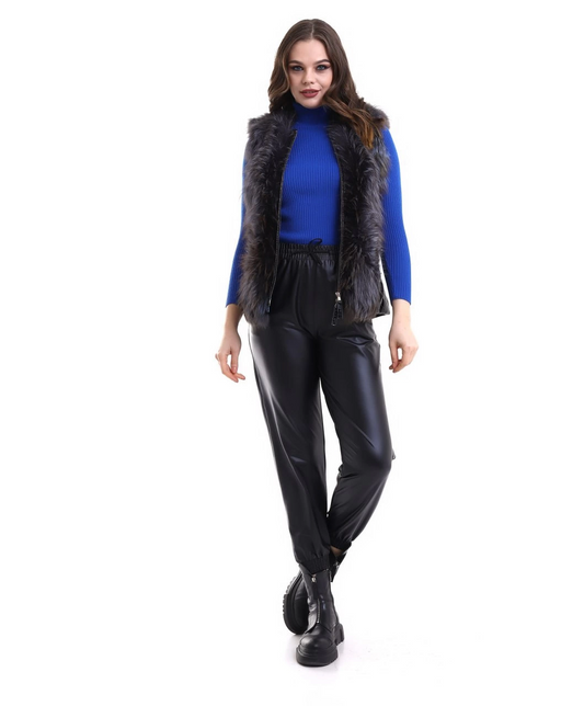 C&C Kadın Fermuarlı Koyun Derisi Tilki Kürkü - Siyah