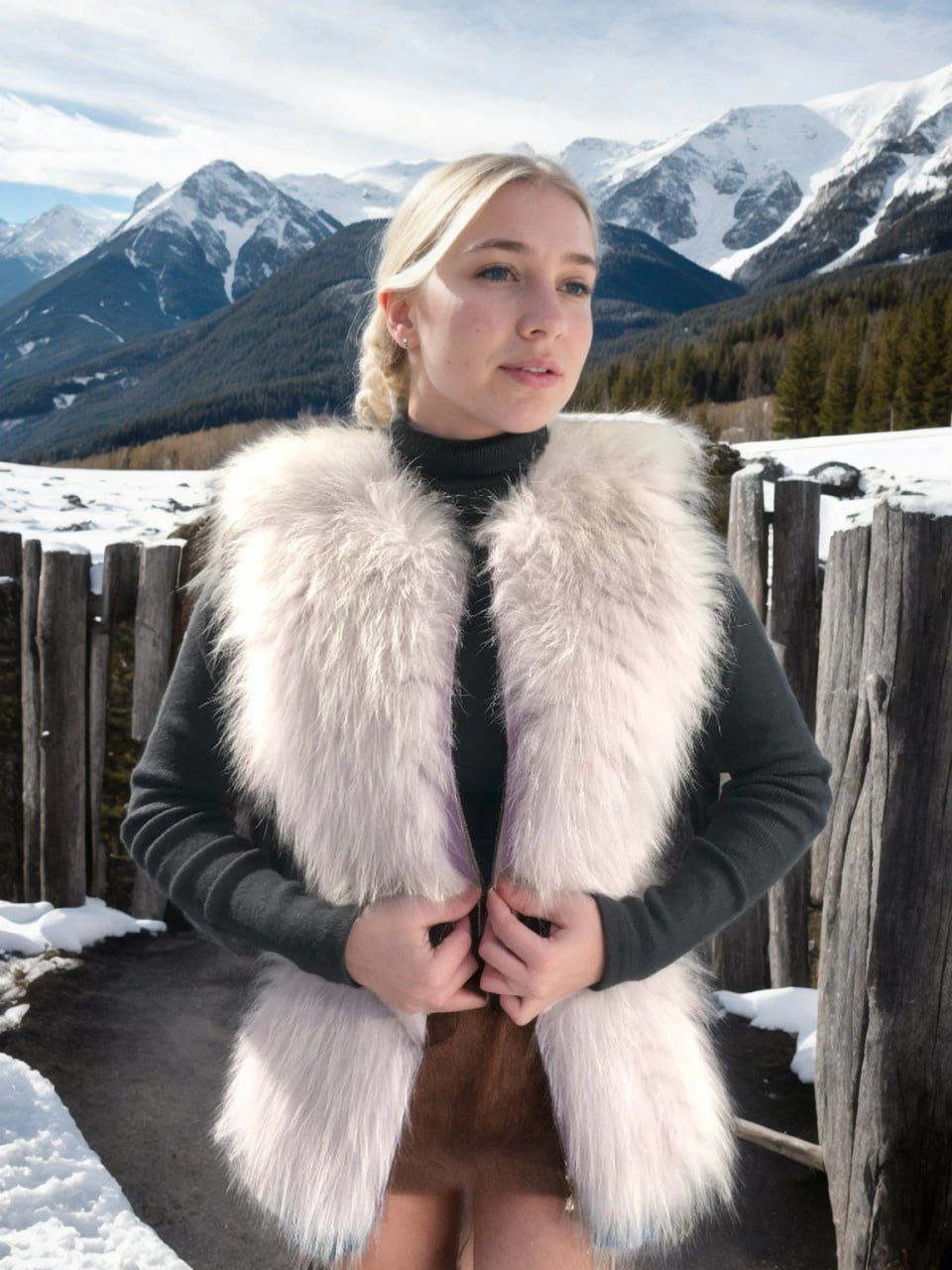 C&C Kadın Fermuarlı Koyun Derisi Tilki Kürkü - Beyaz