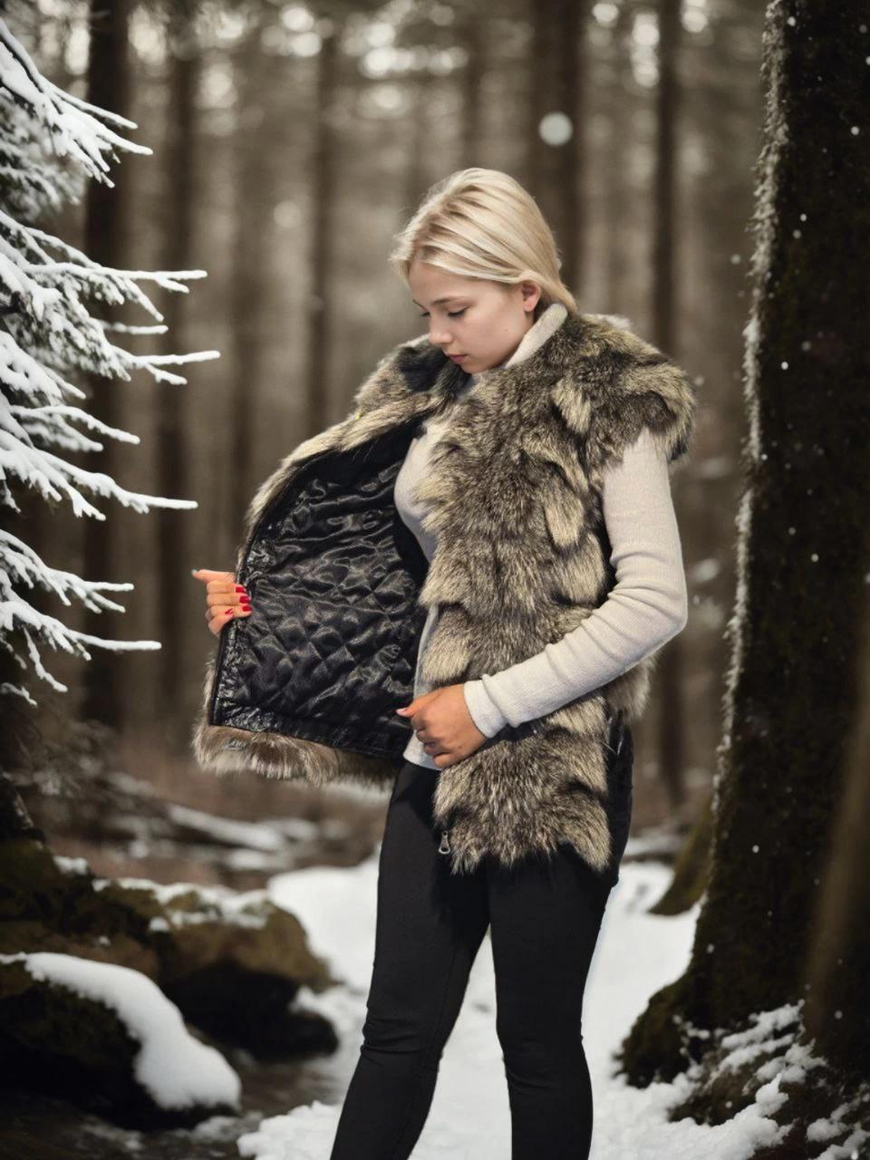 C&C Kadın Kolsuz Hakiki Deri Kürk - Siyah