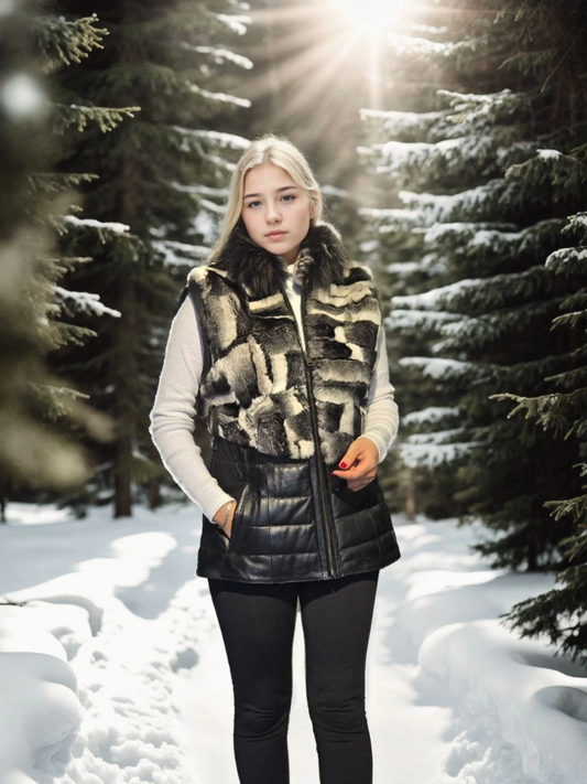 C&C Kadın Kolsuz Hakiki Deri Kürk - Siyah